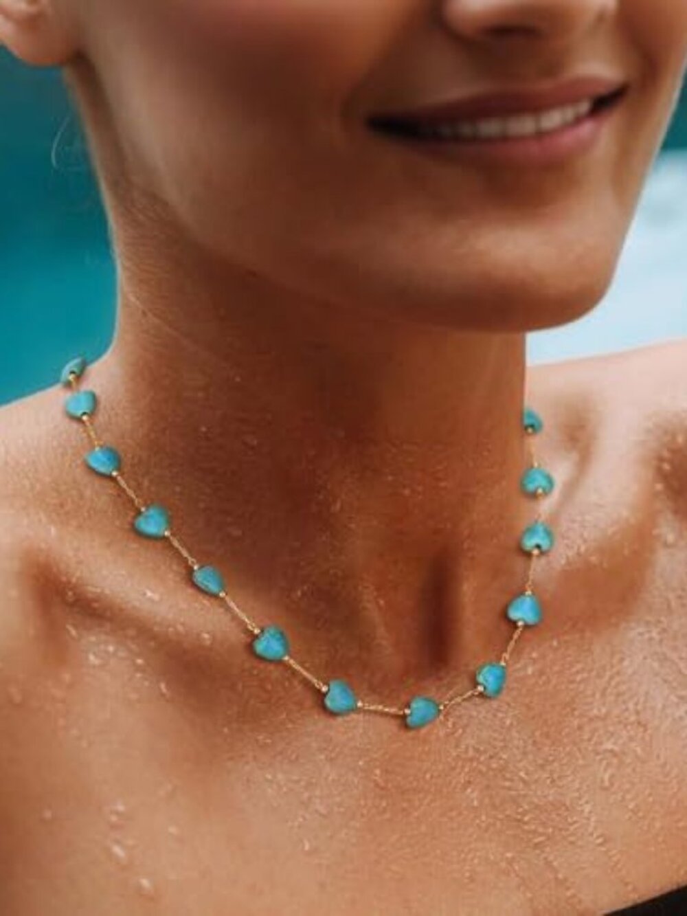 Created Turquoise Necklace for Women 14K Gold Plated Beaded Heart Choker Boho